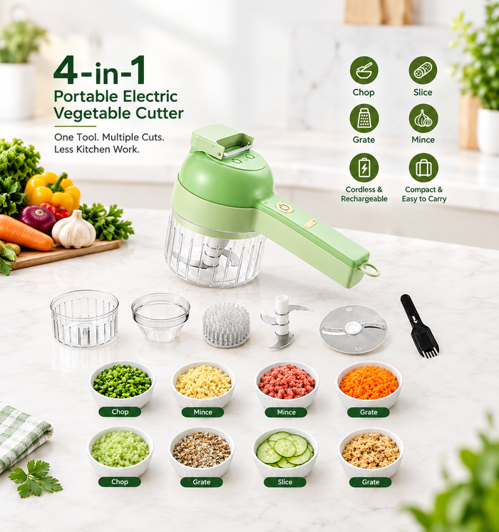 4-in-1 Portable Electric Vegetable Cutter | Chopper, Slicer, Grater & Mincer