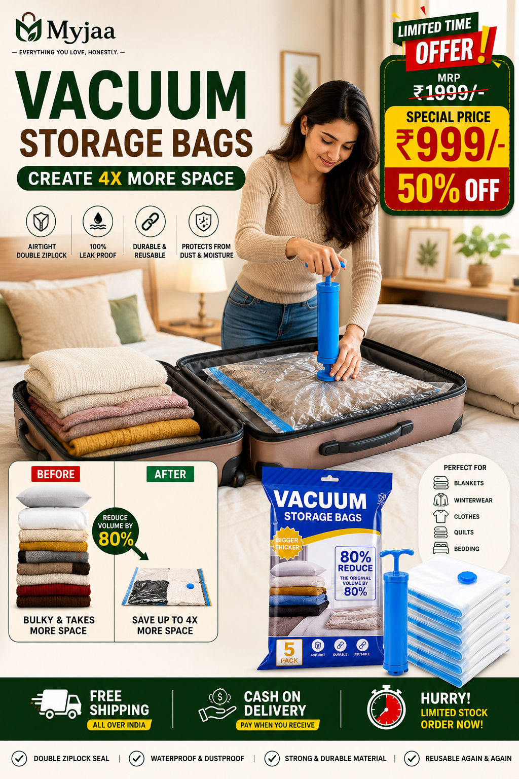 Vacuum Storage Bags with Pump Pack of 5 (Large)| Airtight and Reusable Space Saver Double Ziplock Compression Bags with Vacuum Pump|Creates 4x More Space for Clothes, Winterwear, Blankets