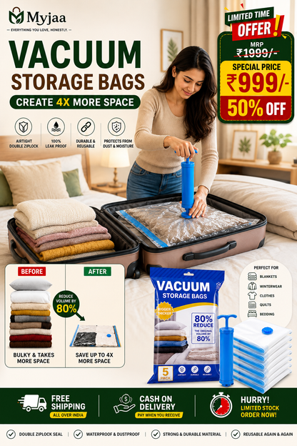Vacuum Storage Bags with Pump Pack of 5 (Large)| Airtight and Reusable Space Saver Double Ziplock Compression Bags with Vacuum Pump|Creates 4x More Space for Clothes, Winterwear, Blankets